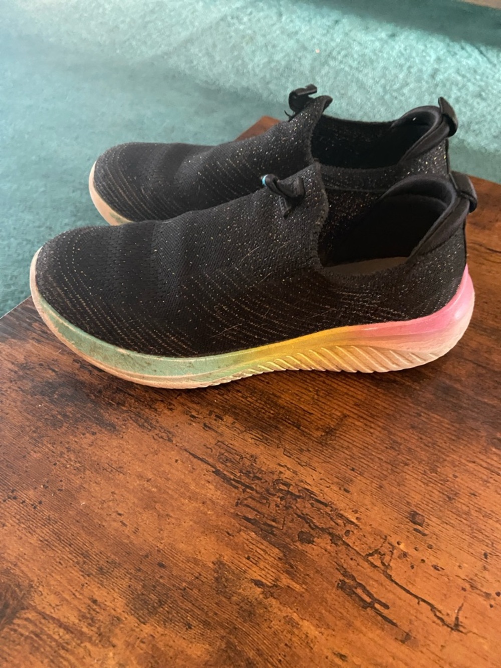 Bundle of 2- Skechers Black Slip-On Kids Sneakers with Rainbow Gradient Sole